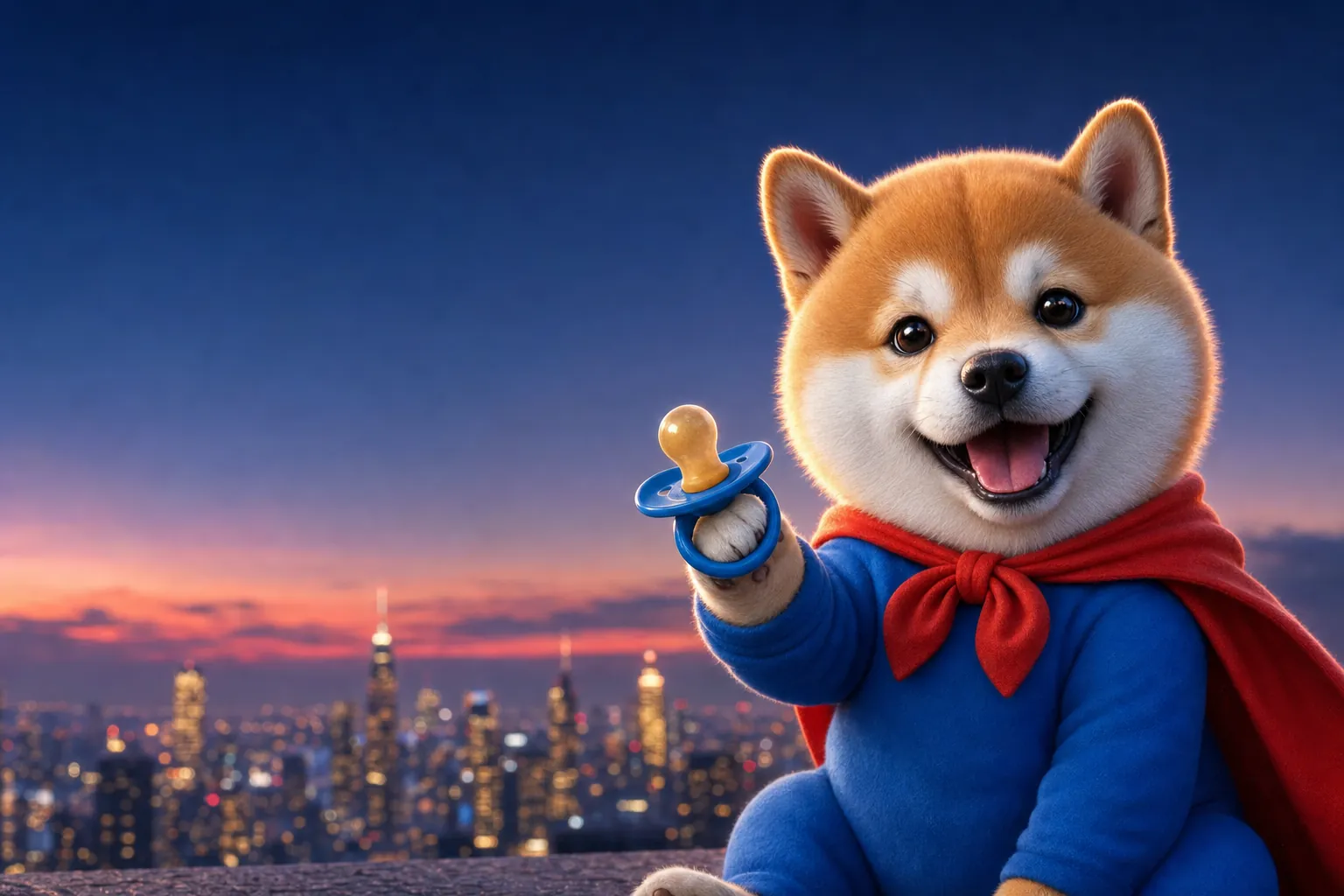 A chubby baby shiba in a blue superhero onesie and a small red cape tied with a bow, holding up his pacifier on a rooftop at sunset