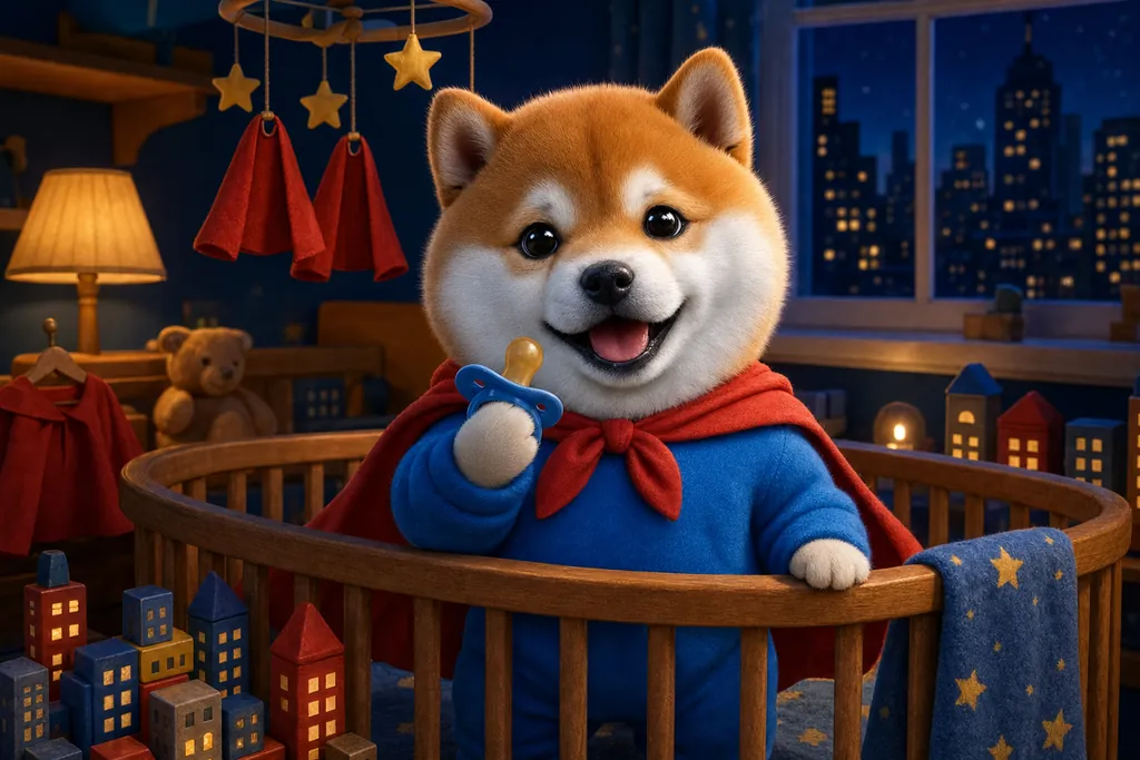 Pacifinu standing in his crib in a nursery set up like a tiny superhero headquarters